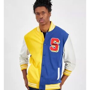 Men's Snoopy Speed Beagle Colorblocked Fleece Varsity Bomber Jacket